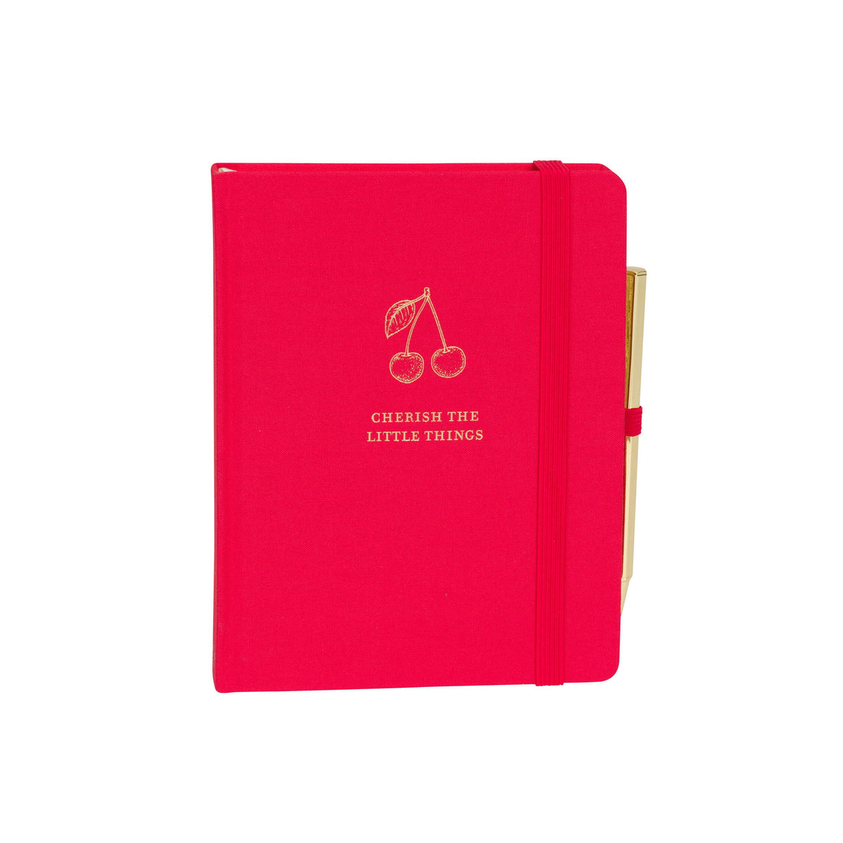 Red notebook with cherry design and 'Cherish the Little Things' text on a white background