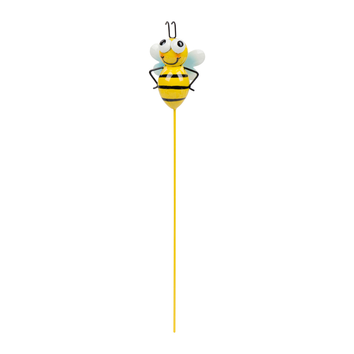 Bee-shaped garden stake on a white background