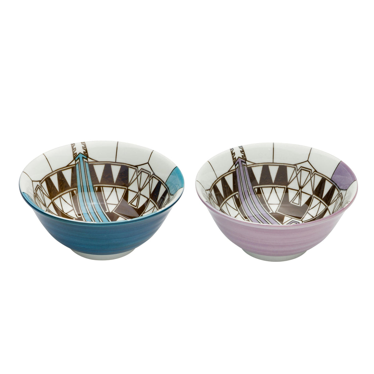 Two ceramic bowls with artistic designs on a white background