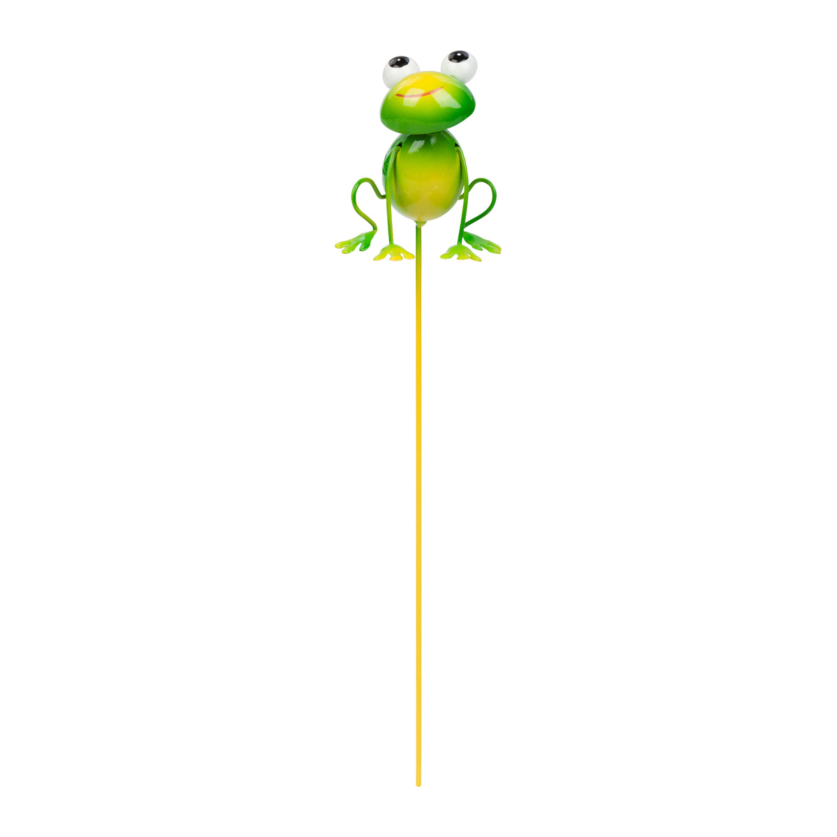 Green frog-shaped garden stake on a white background