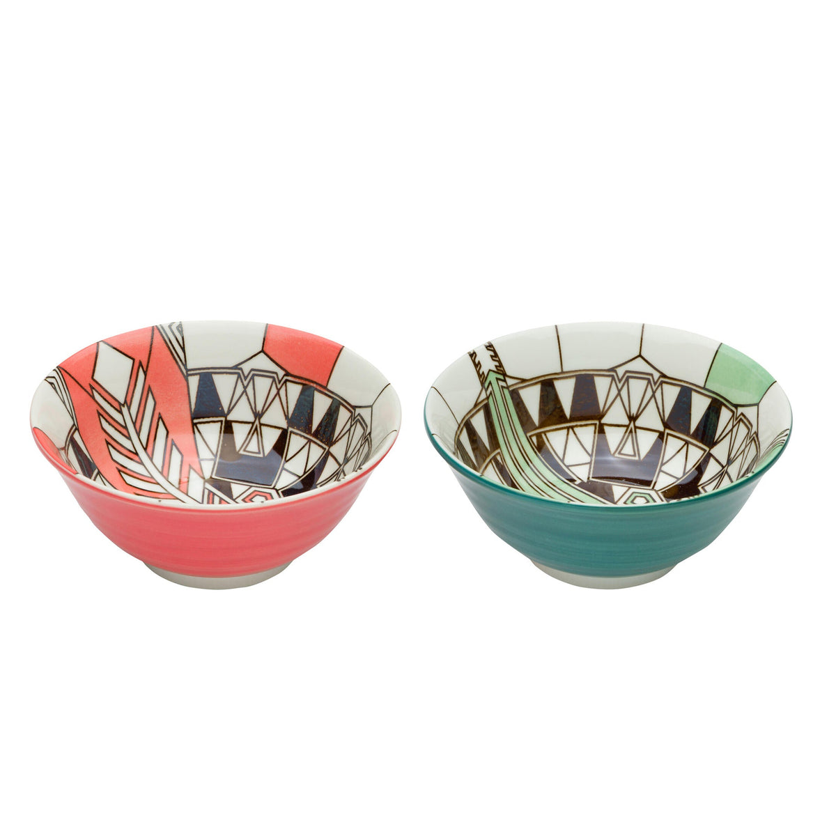 Two ceramic bowls with geometric patterns on a white background