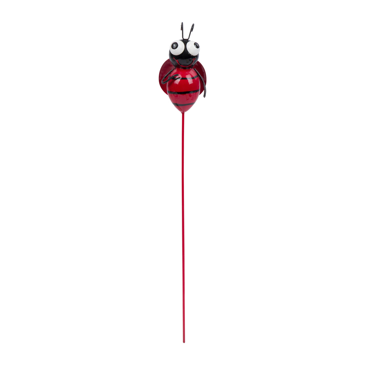 Red and black ladybug-shaped garden stake on a white background