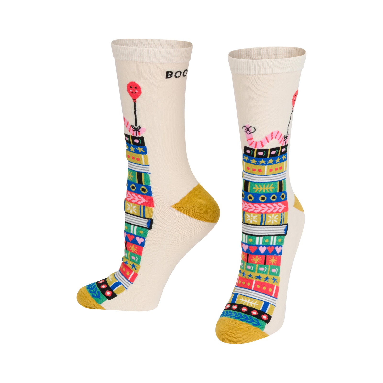Colorful socks with patterns and text on a white background