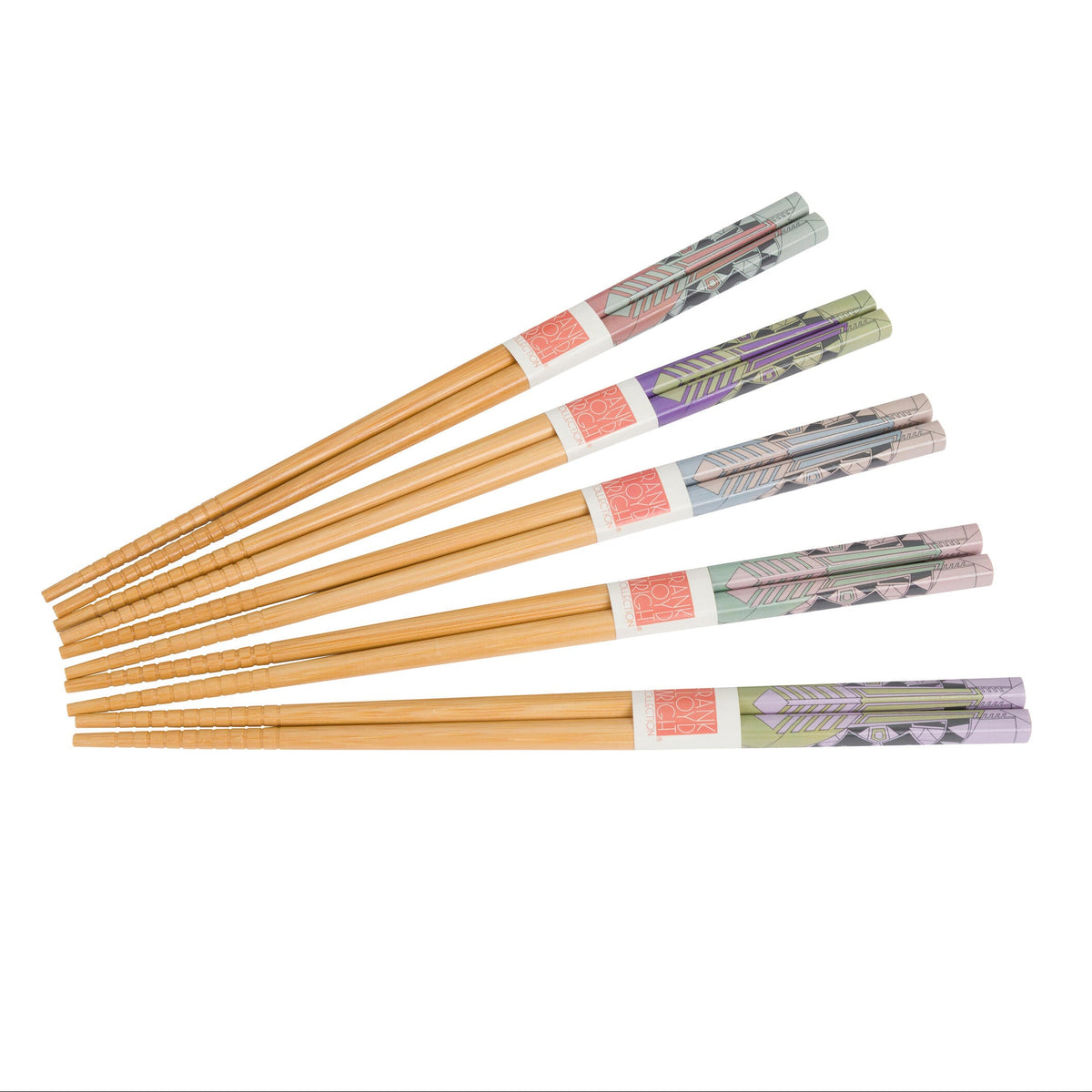 Set of wooden chopsticks with colorful wraps on a white background