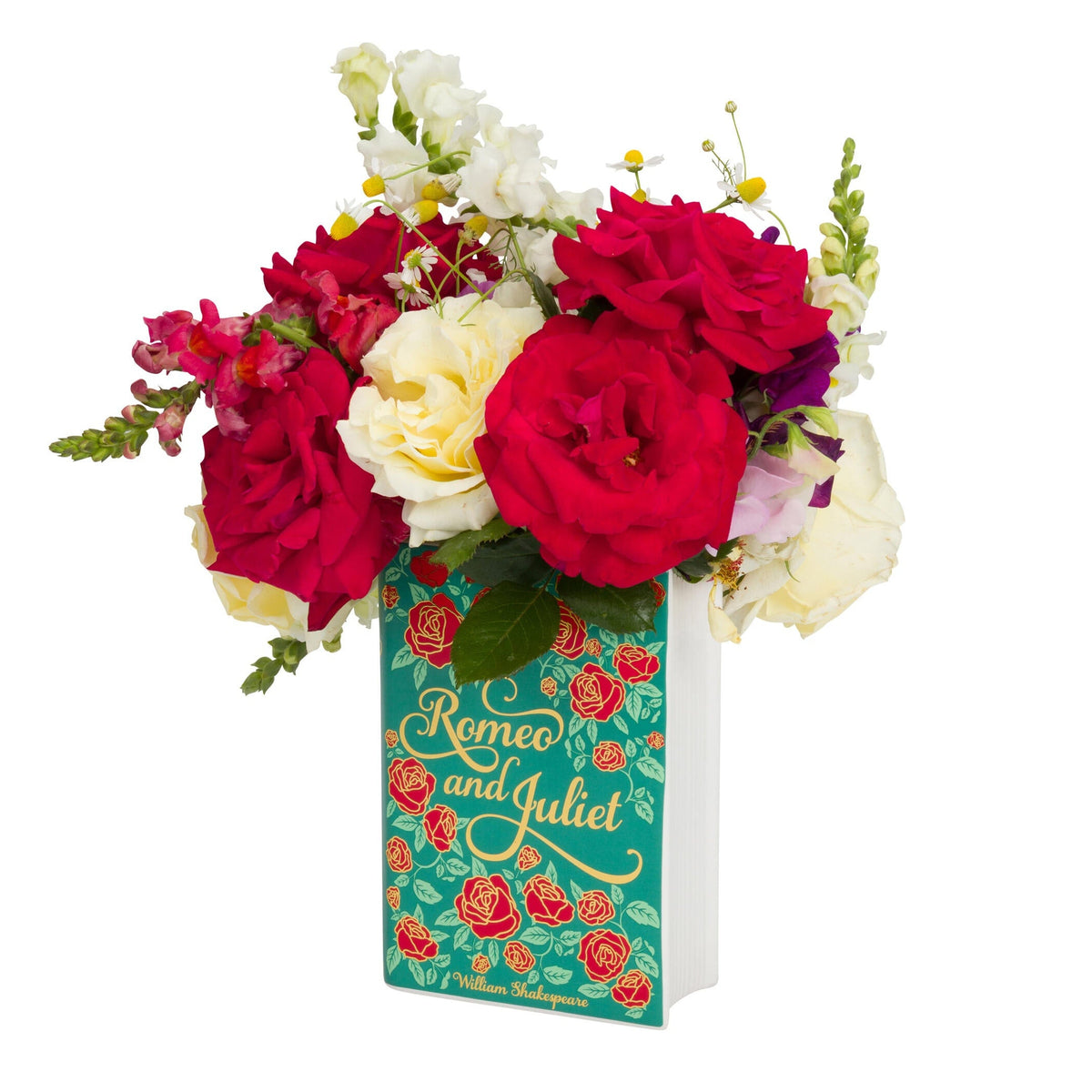 Floral arrangement in a 'Romeo and Juliet' book on a white background