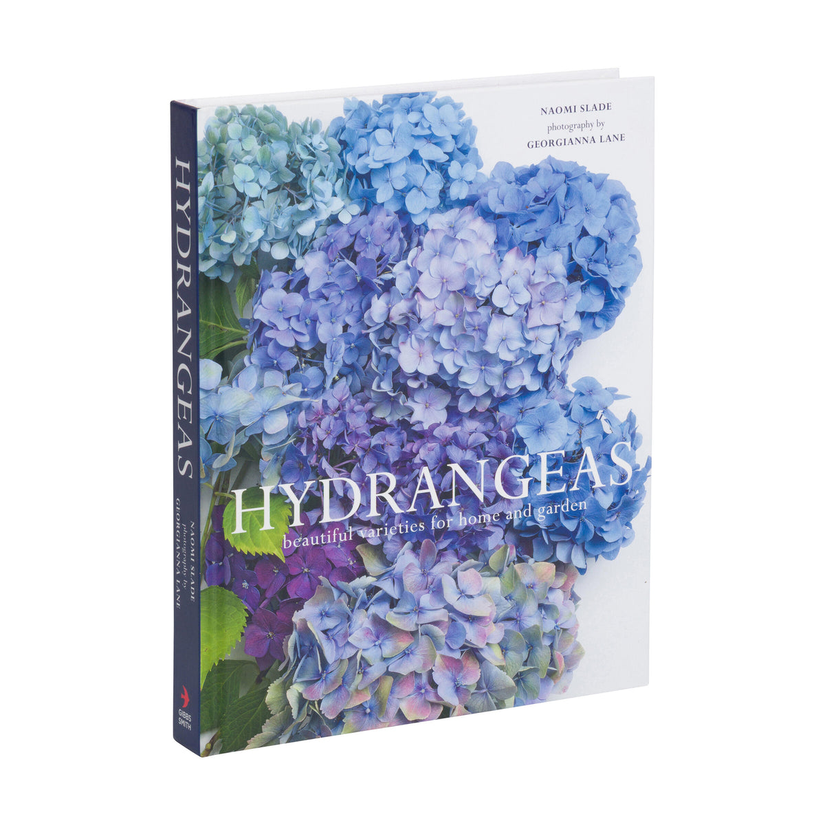Book cover with blue and purple hydrangeas on a white background
