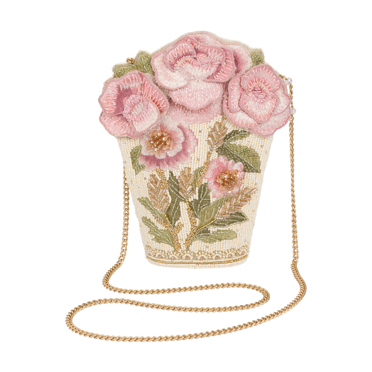 Floral beaded and embroidered handbag with a chain strap on a white background
