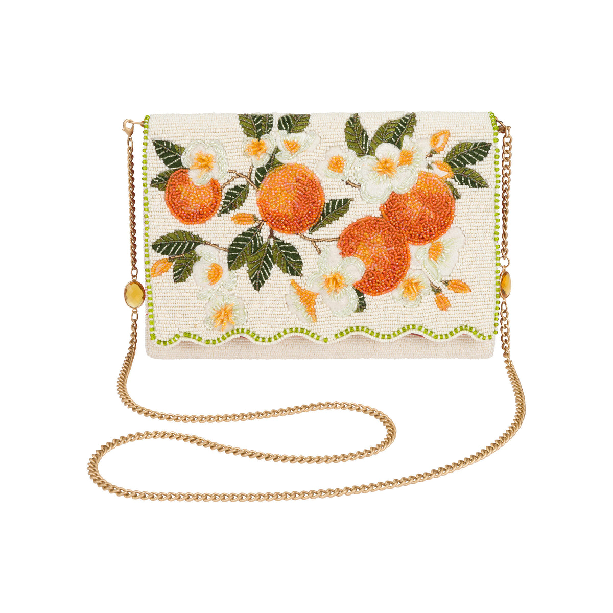 Beaded handbag with orange and floral design on a white background