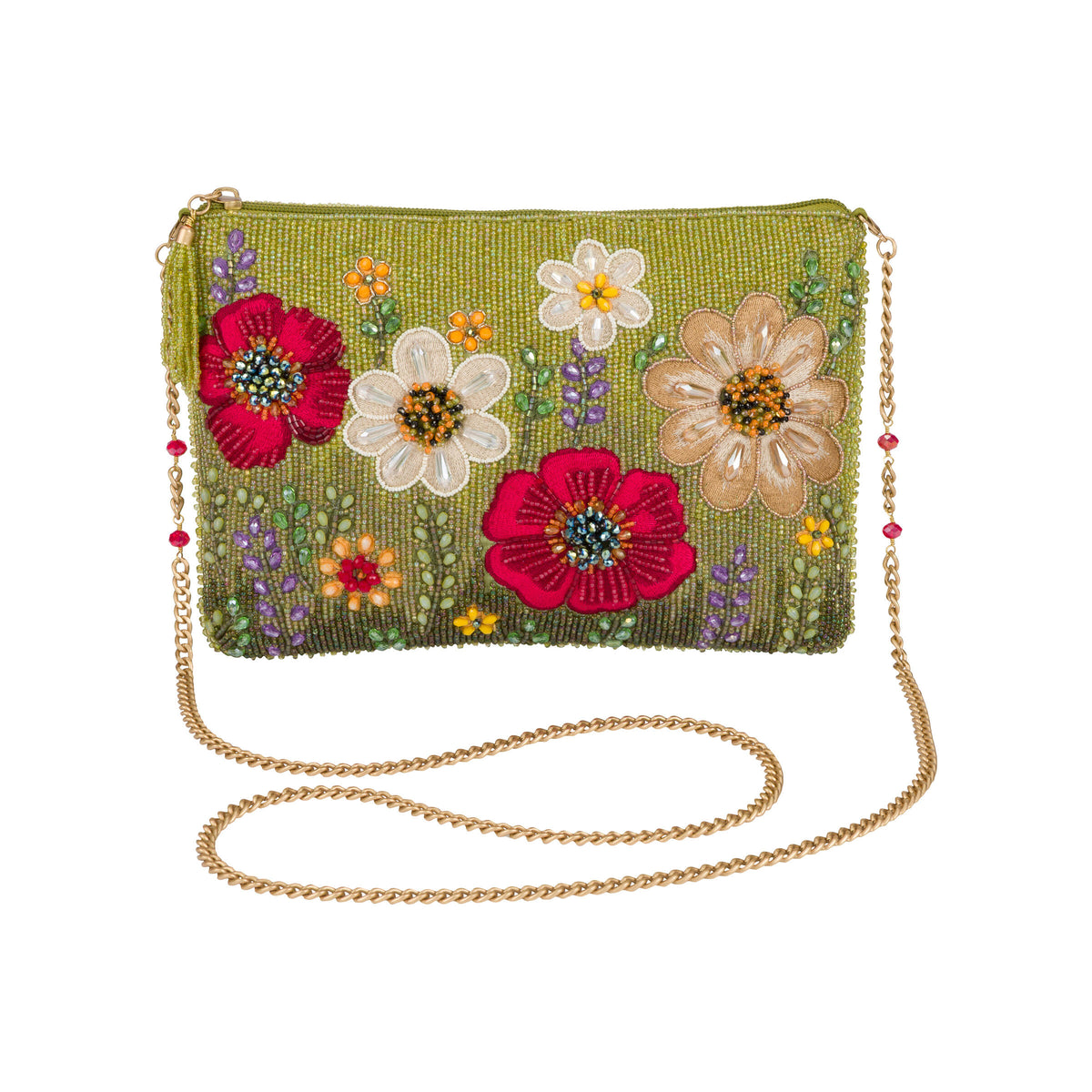 Green handbag with floral embroidery and a chain strap on a white background