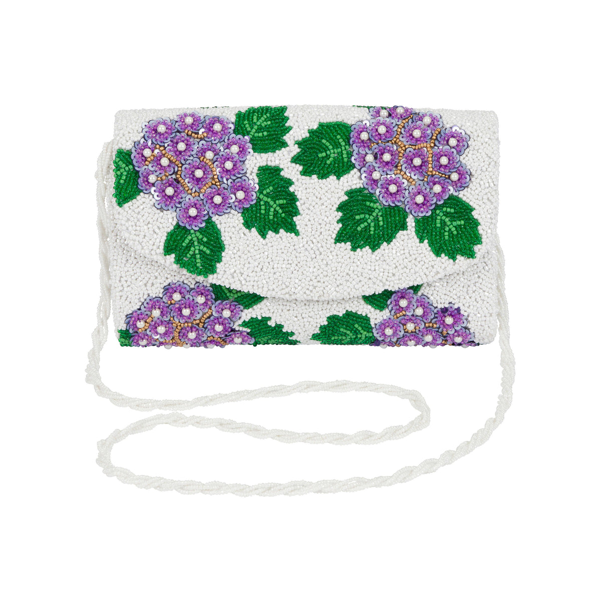 White beaded clutch with purple floral patterns on a white background