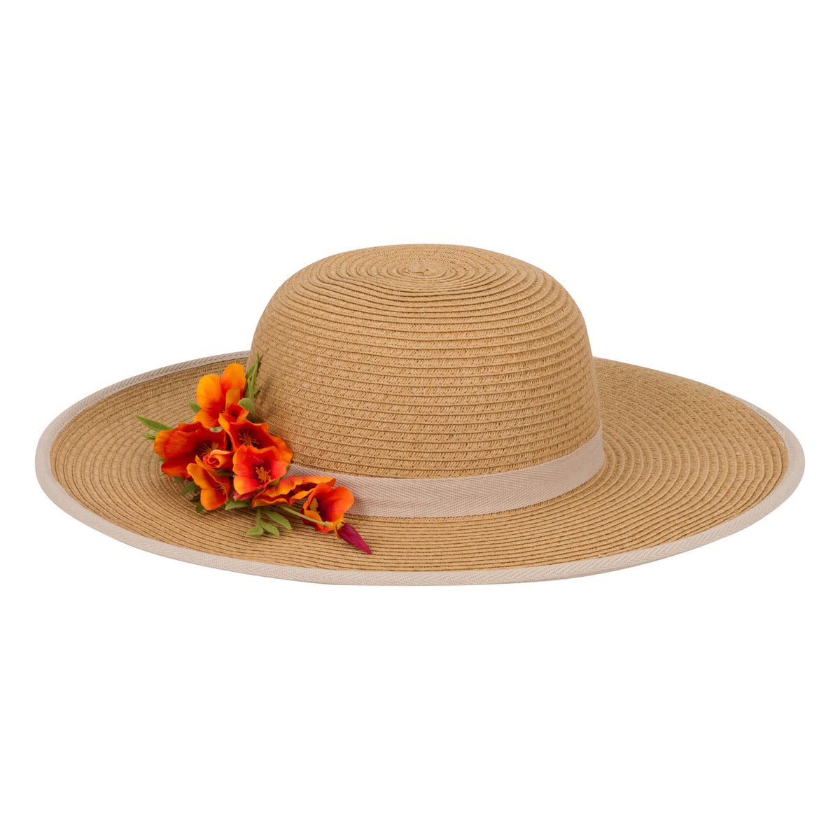 Beige straw hat with a California Poppy floral embellishment on a white background