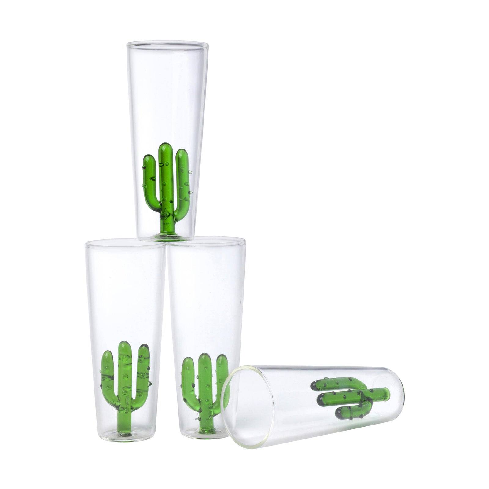 Clear glass shot glass with a green cactus design on a white background