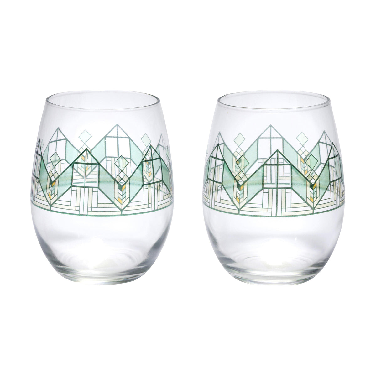 Two clear stemless wine glasses with geometric green patterns on a white background