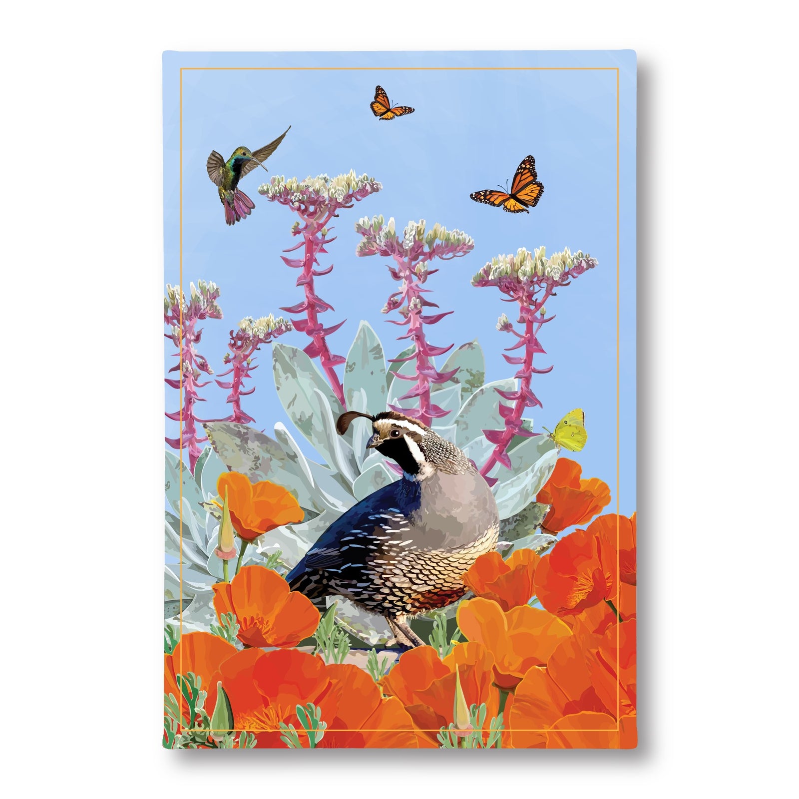 Tea towel with an Illustration of a California Quail among flowers and butterflies on a blue background