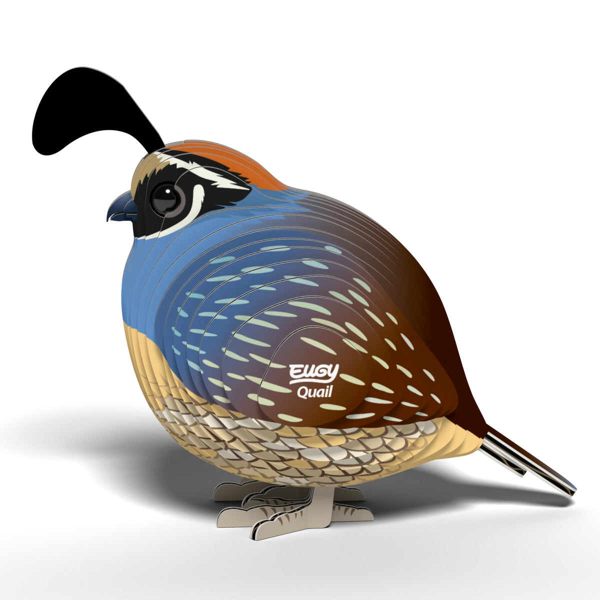 Colorful quail-shaped object with &#39;Eugy Quail&#39; branding on a white background