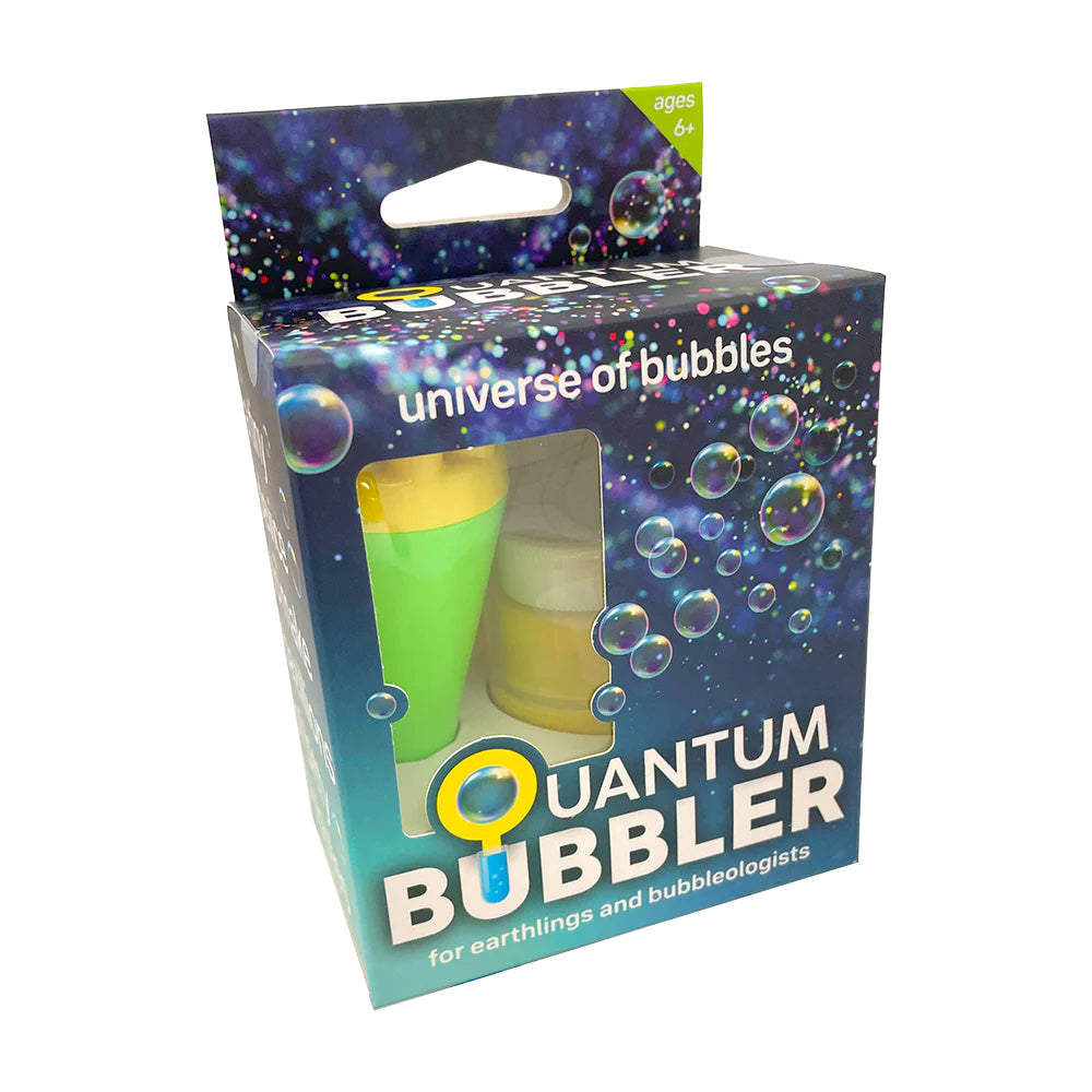 Unleash the power of the cosmos in the palm of your hand with this 'Quantum Bubbler'. This bubble blower and specially formulated bubble solution will create an entire universe of tiny, shimmering bubbles. Kit includes: 1 x quantum bubbler wand, 2oz bottle of bubble solution, dip tray Box dimensions: 4" x 3.5" x 2.25".