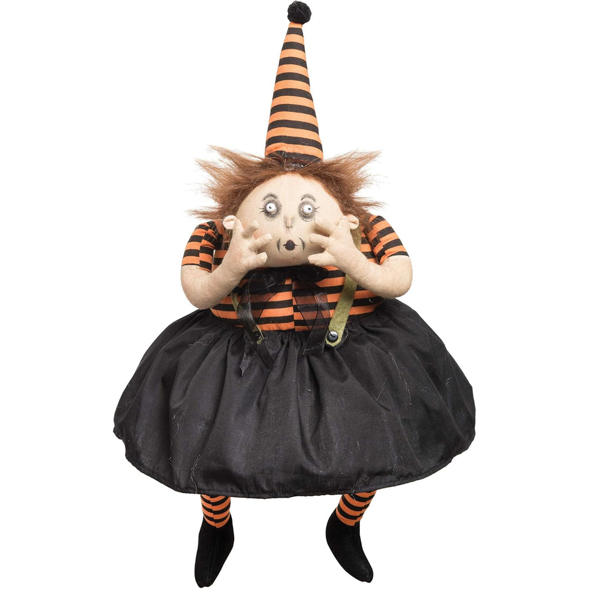 Halloween-themed doll with black and orange striped hat, dress, and socks on a white background