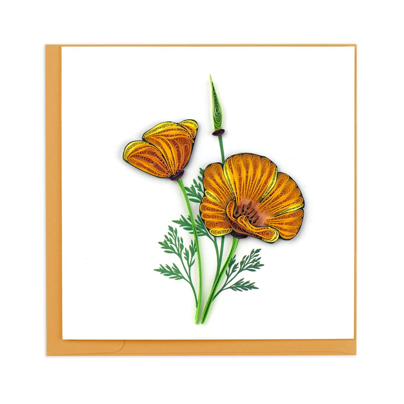 The orange poppy—also known as the California Poppy—has been a symbol of prosperity since Victorian times. This quilled greeting card features two poppies in joyful yellow and orange hues, brightening anyone’s day! Each quilled card is beautifully handmade by a highly skilled artisan and takes one hour to create. It makes a great keepsake or frameable art piece for its recipient. Dimensions: 6" x 6"