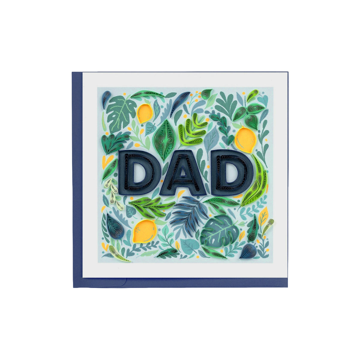 Card with 'DAD' text surrounded by leaf and fruit illustrations on a white background