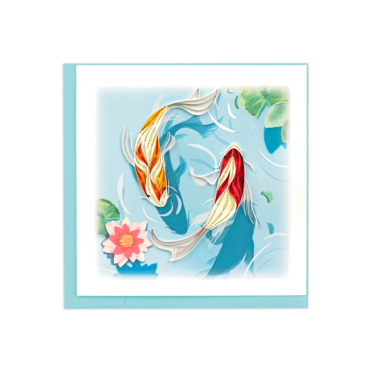 Decorative card with two colorful koi fish and a pink flower on a light blue background