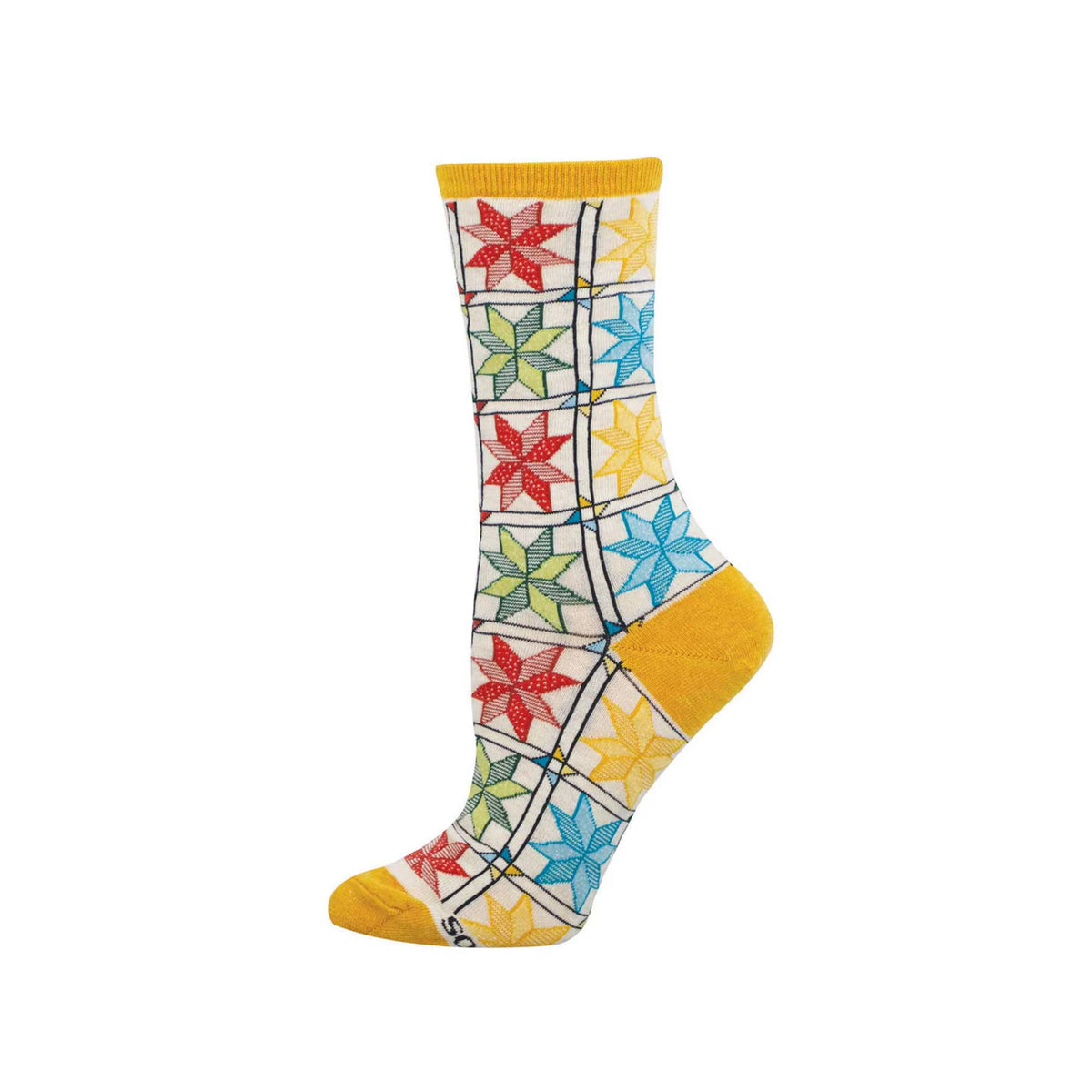 Colorful star-patterned sock with yellow accents on a white background