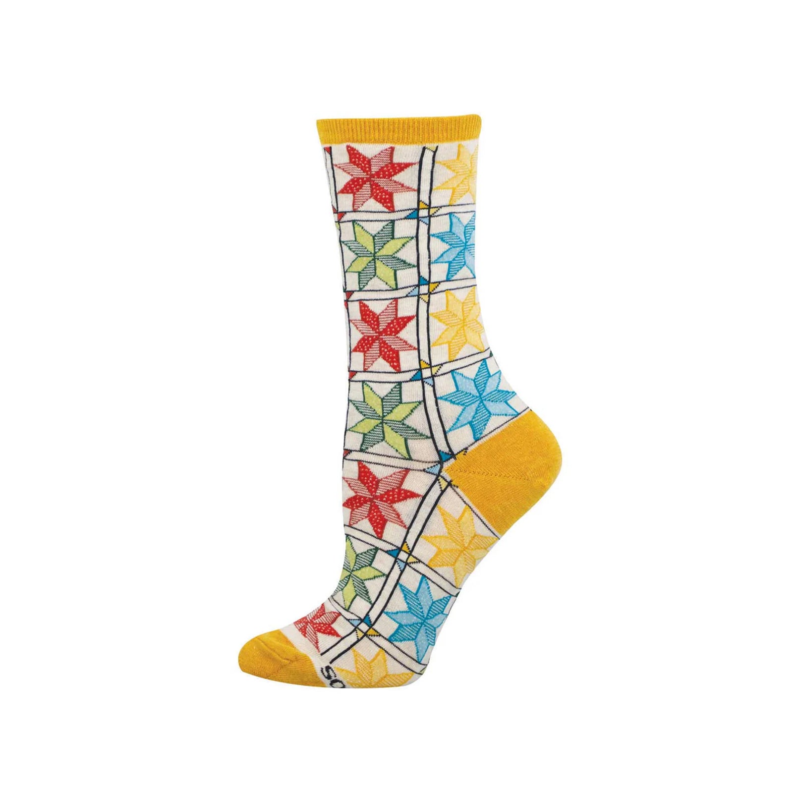 Colorful star-patterned sock with yellow accents on a white background
