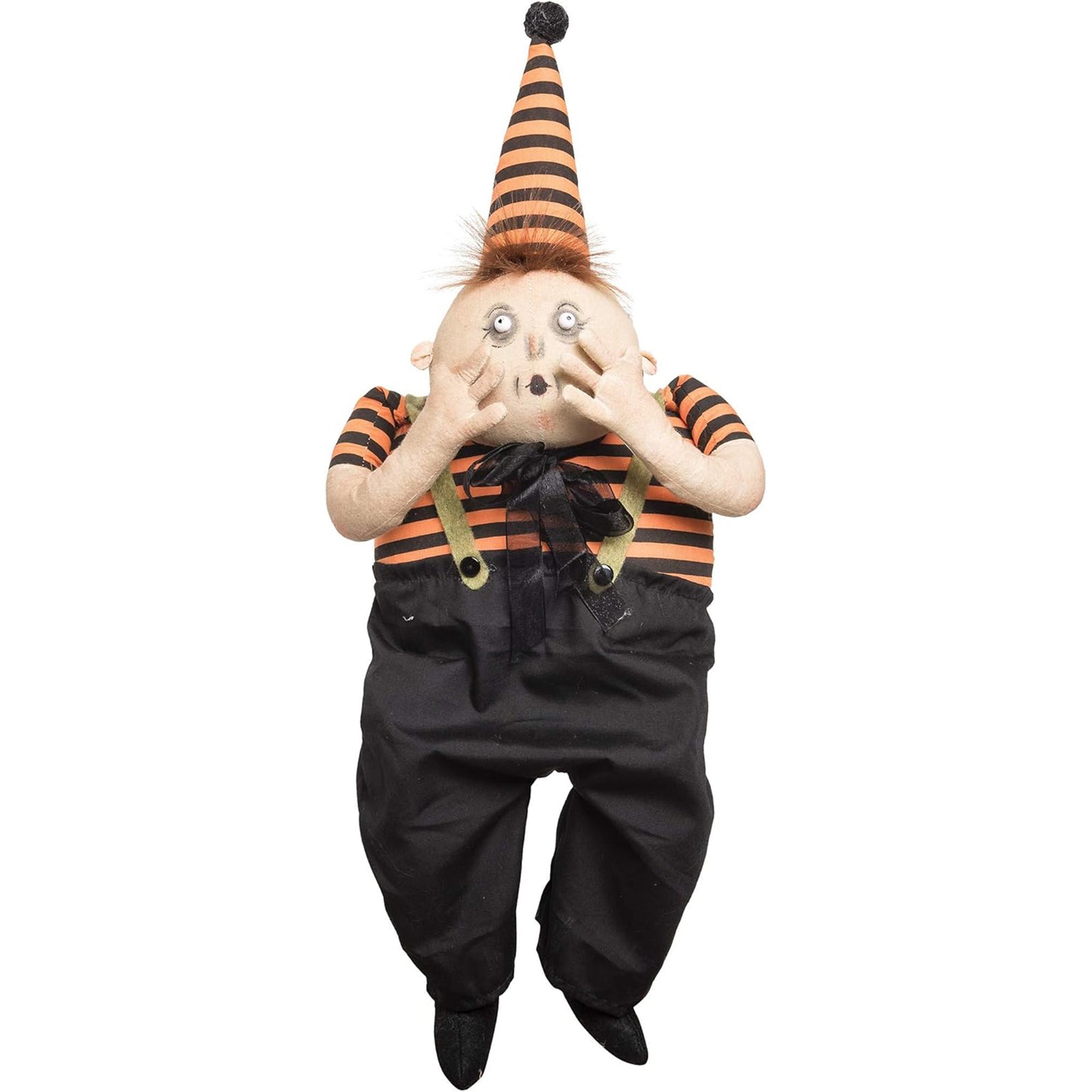 Toy figure with striped shirt and black pants on a white background