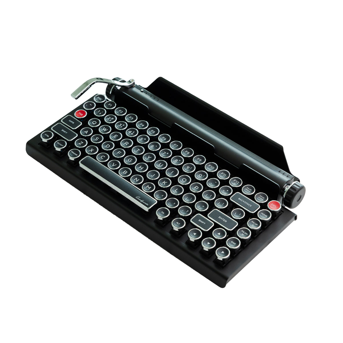 Black typewriter style computer keyboard by QWERKYWRITER on a white background