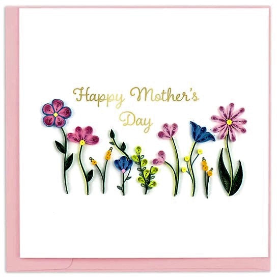 A handmade Mother's Day card with a quilled design of various colorful wildflowers and the message 'Happy Mother's Day' in gold metallic script.