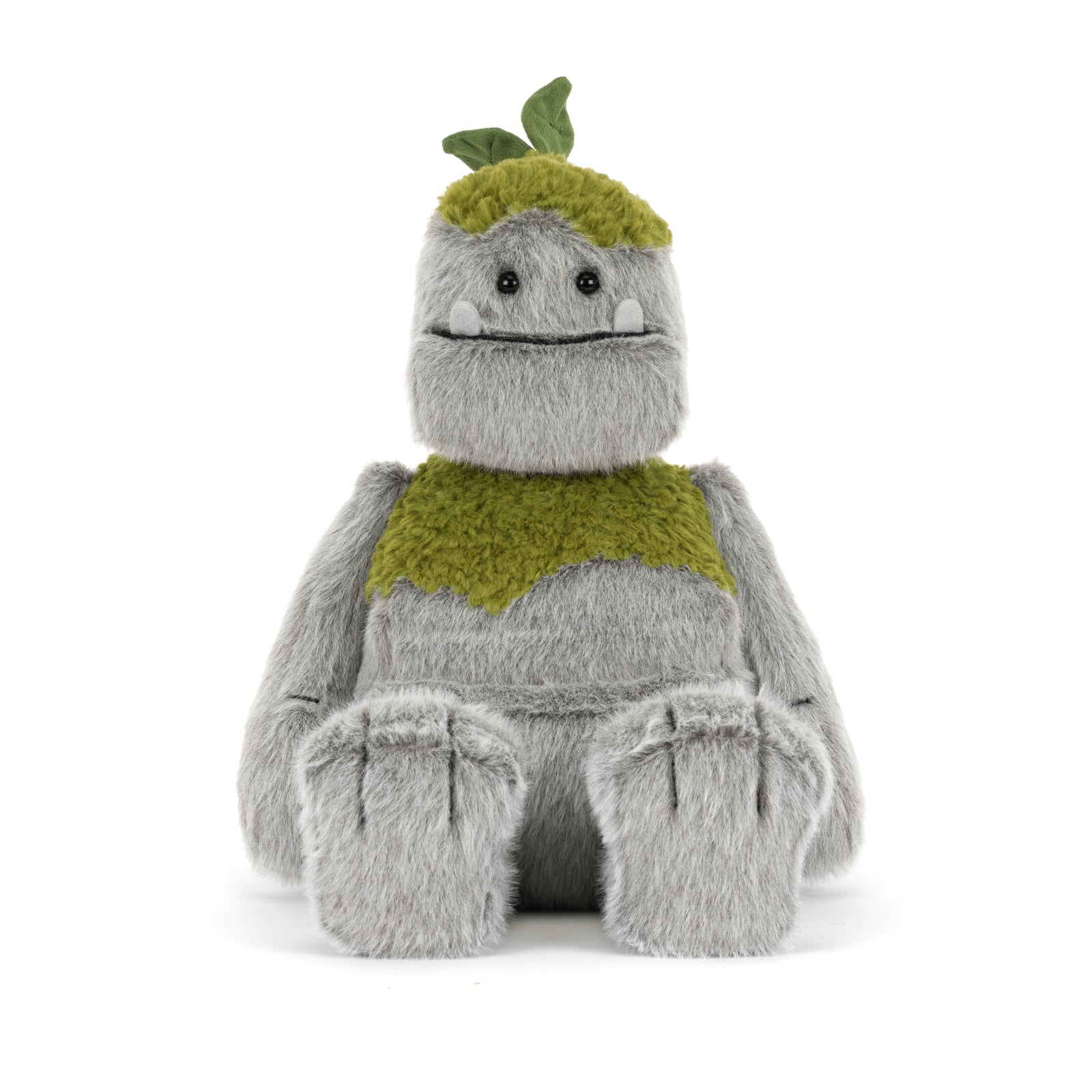 Plush toy Jellycat 'Rockleton' with a green top hat and scarf on a white background