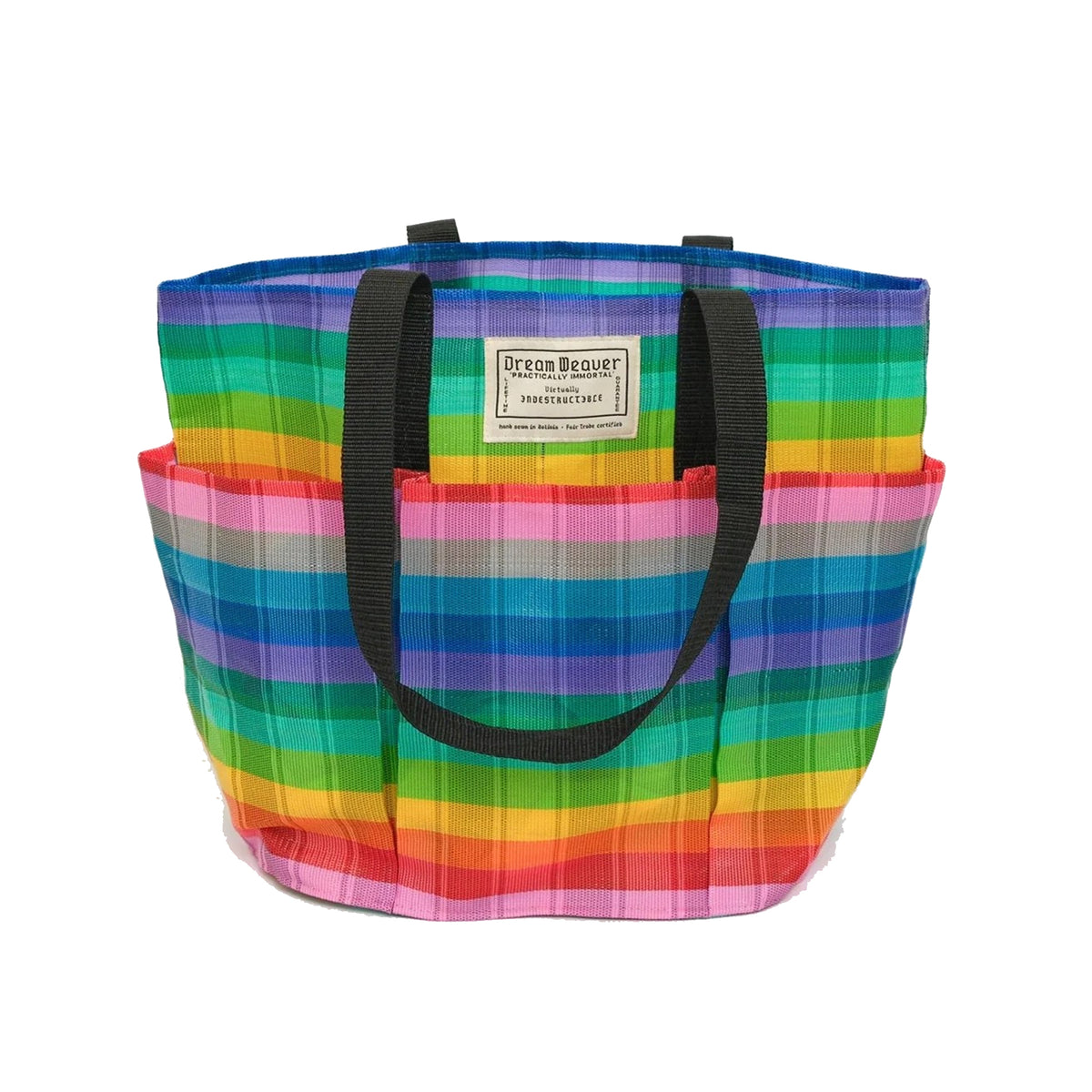 Colorful rainbow stripe plaid tote bag with black handles on a white background