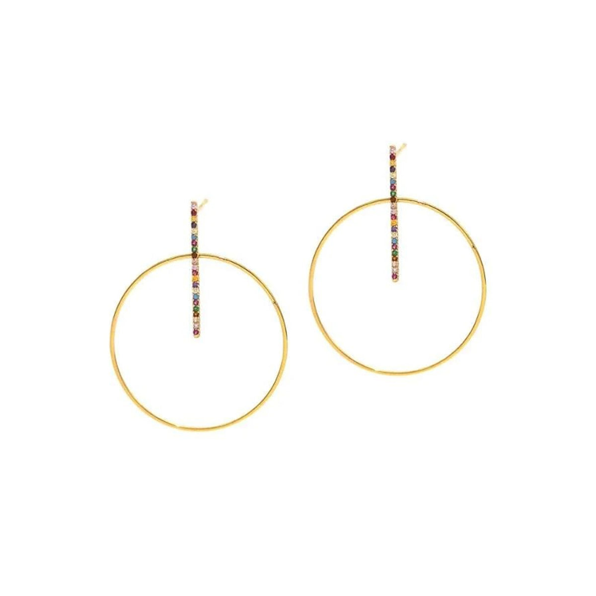Gold hoop earrings with rainbow colored diamanté crystals on a white background
