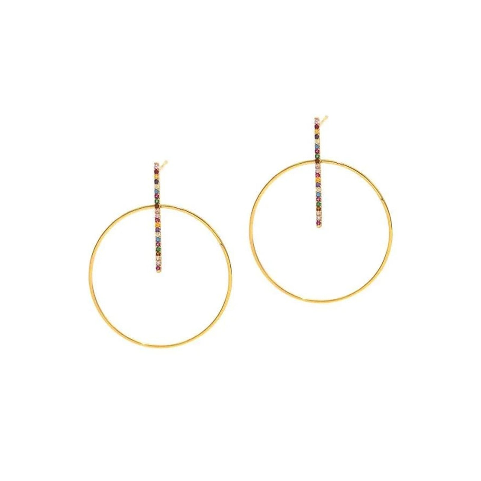 Gold hoop earrings with rainbow colored diamanté crystals on a white background