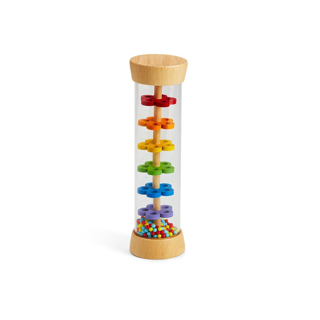 This charming wooden rattle is filled with colorful beads which cascade through the holes in the rainbow-colored flowers, creating a mesmerizing, rattling toy. Great for developing your child's sense of color, movement and sound. Classic wooden toy Dimensions: 7.5" x 2" Age: 1 year+