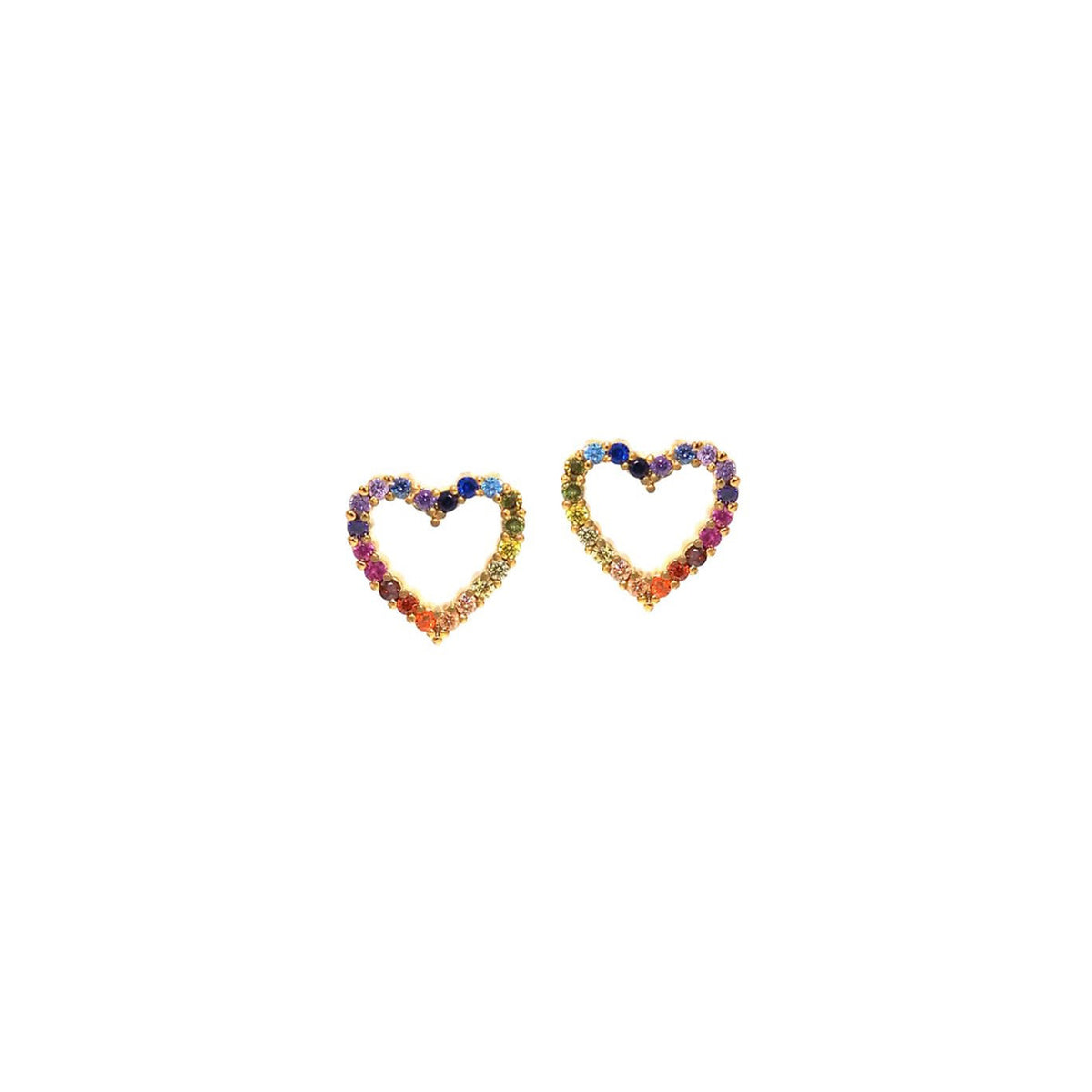 Heart-shaped earrings with colorful gemstones on a white background