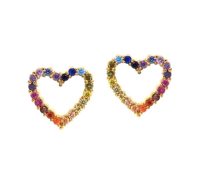 A little bit of a love, and a little bit of pride. These rainbow-colored mini heart earrings are a fun, bright accent that will help you show off your own beautiful, unashamed self. Gold-Plated Brass. Post fastening. Rainbow stone crystal accents. Dimensions: 0.25" x 0.25".