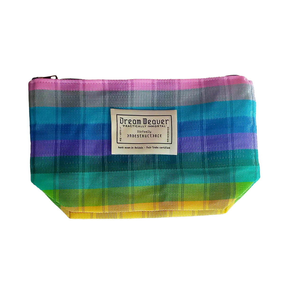 Colorful striped pouch with a label on a white background