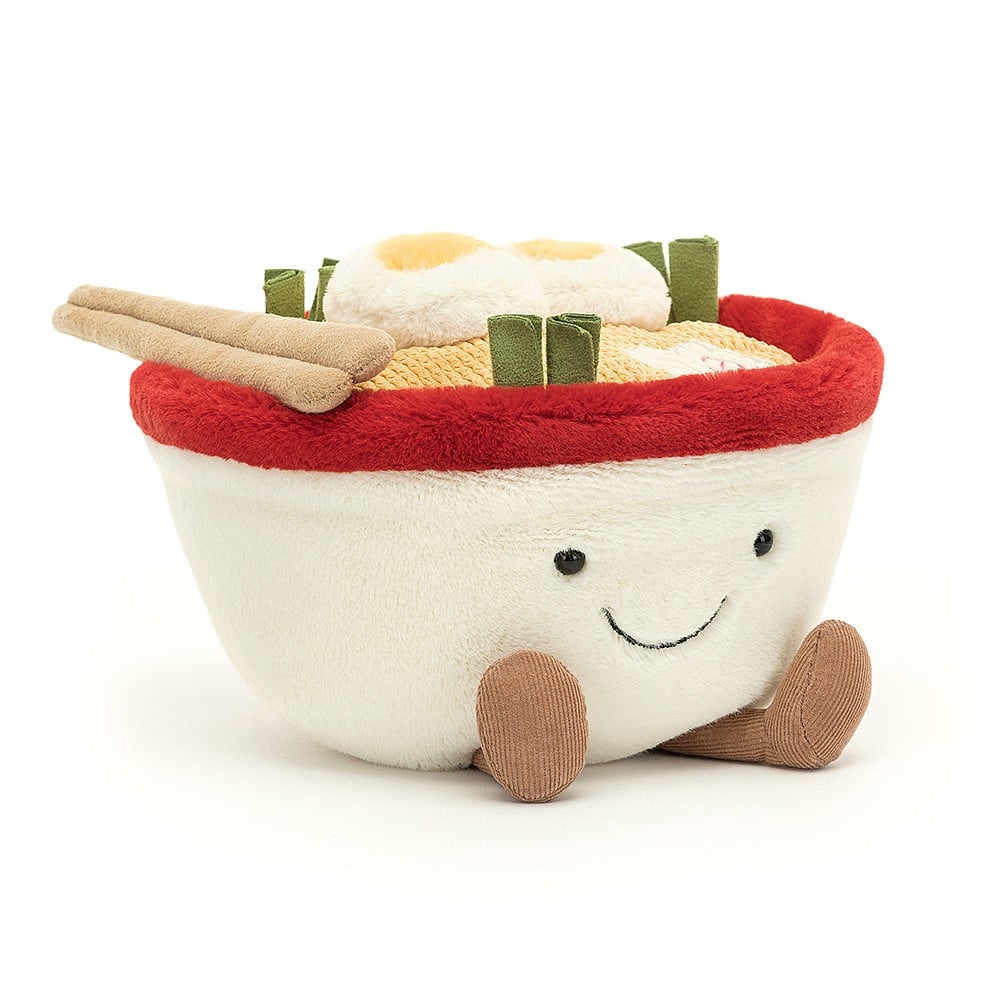 Amuseable Ramen is full of kawaii charm, from the cream-and-red bowl to the suedette chopsticks. Filled with wavy cord noodles, suedette spring onions and fluffy boiled eggs, as well as a pink embroidered fish cake, this dish is a wish come true. Suitable from birth. Dimensions: 7" x 5".