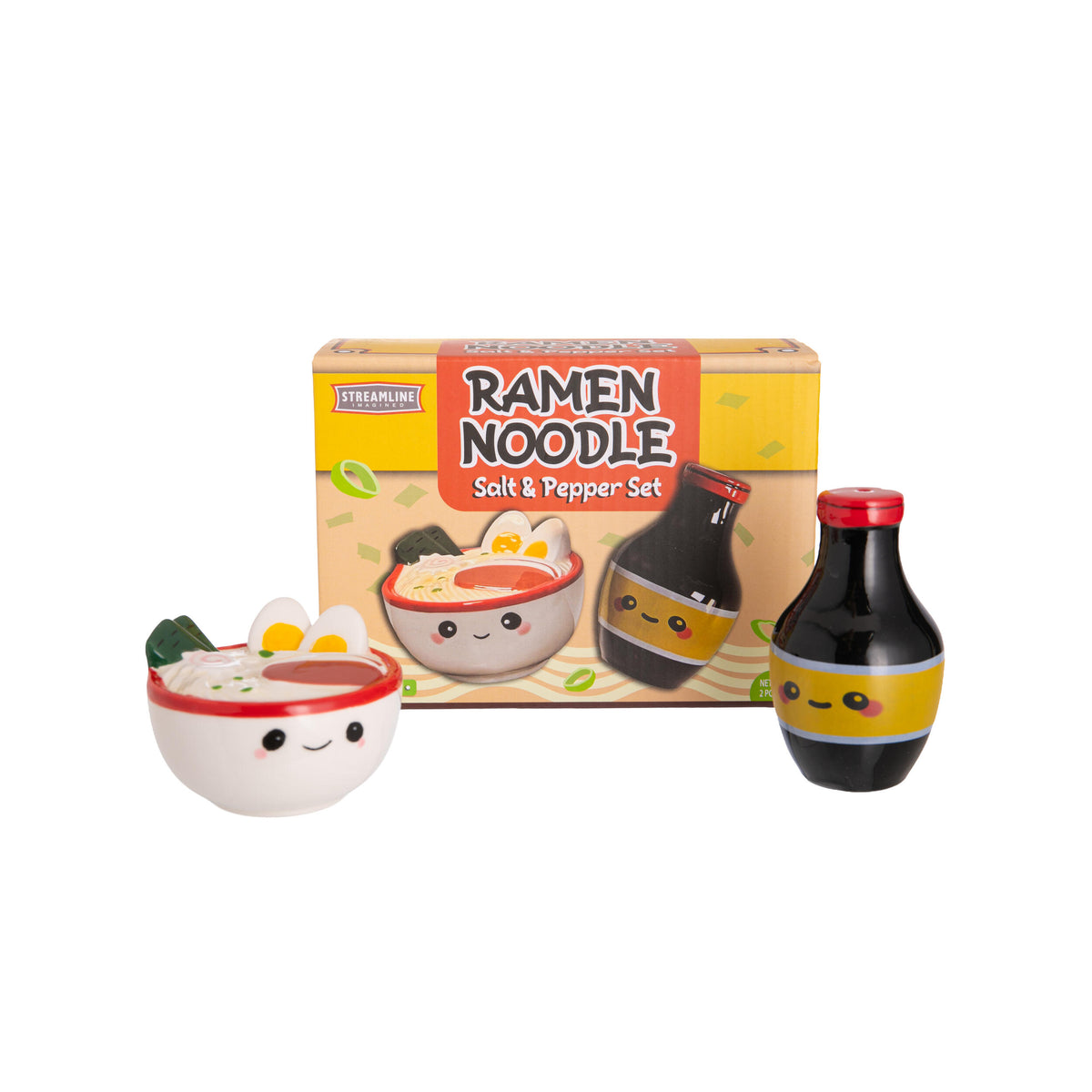 Ramen-themed salt and pepper shakers with a matching box on a white background