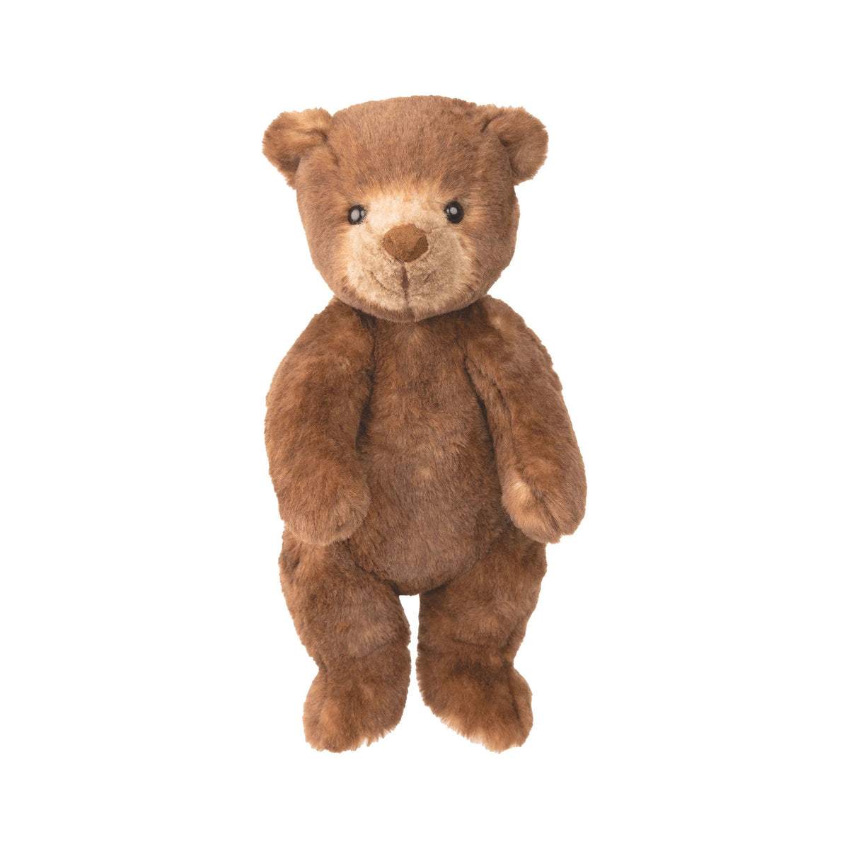 A classic brown plush teddy bear with a lighter cream-colored snout and inner ears, sitting upright against a solid white background.