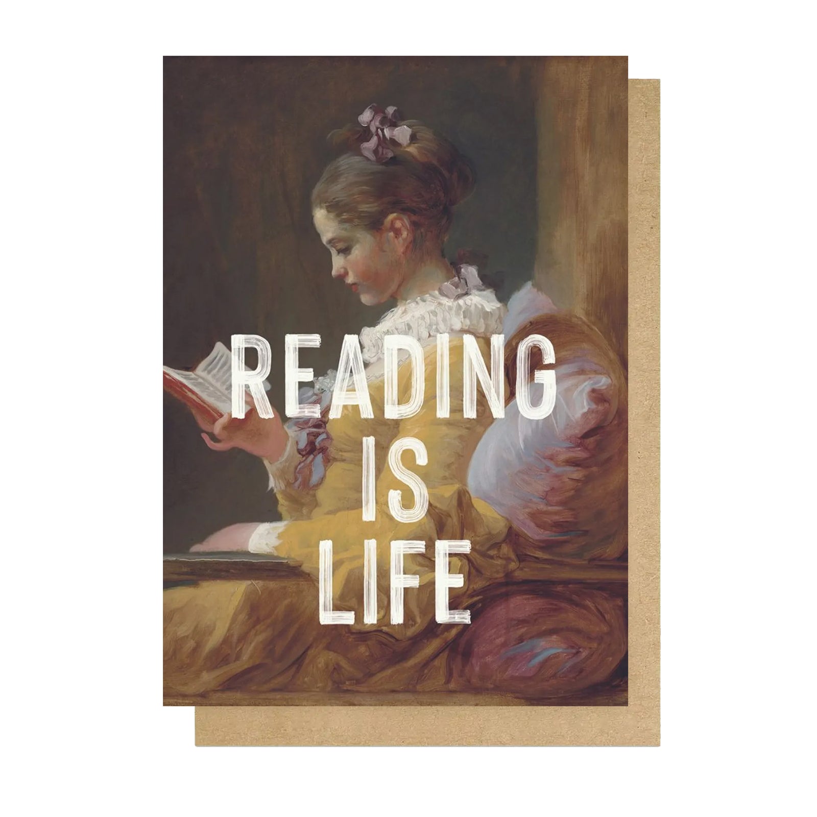 Card with a vintage-style illustration of a woman reading a book, overlaid with 'Reading is Life' text.