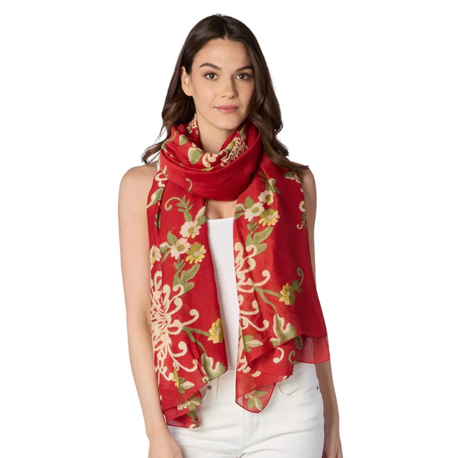 Red floral patterned scarf on a white background