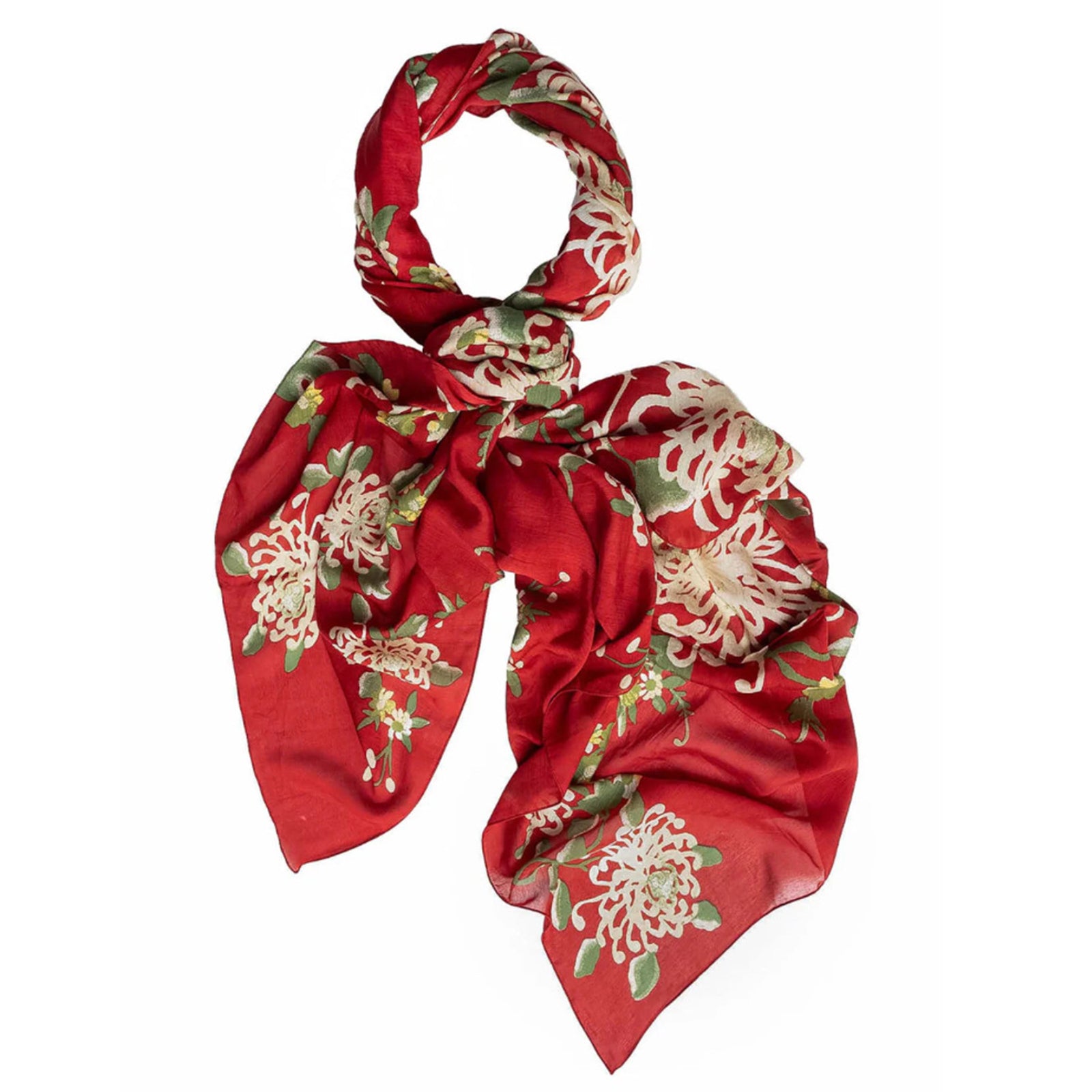 Red floral patterned scarf on a white background
