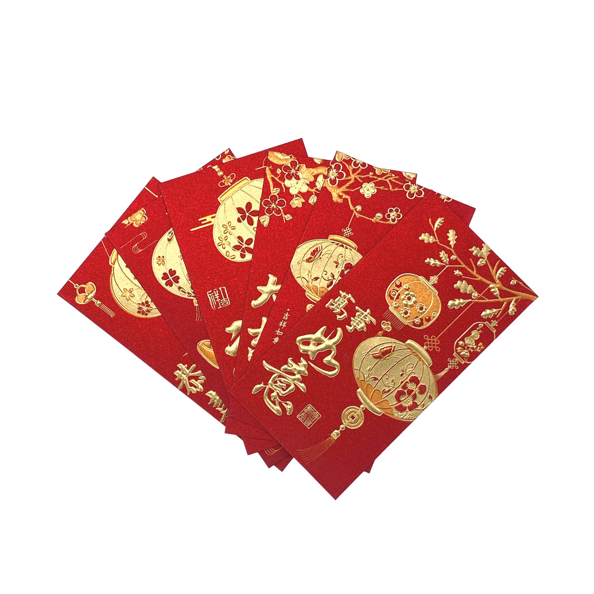 Pack of six traditional lunar new year red envelopes with a gold lantern pattern on a white background. 