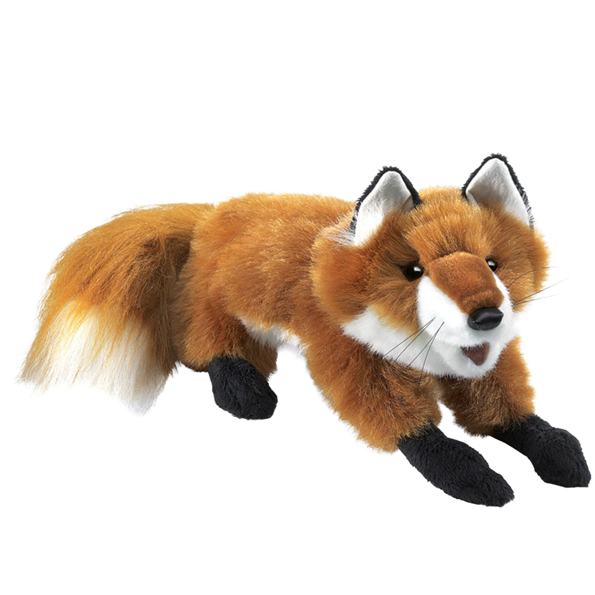 A plush toy fox hand puppet posed in a crawling position on a plain white background. The toy has orange-brown fur, a white chest and muzzle, black paws, and white inner ears.
