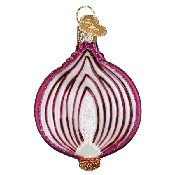 Decorative glass ornament shaped like a red onion on a white background