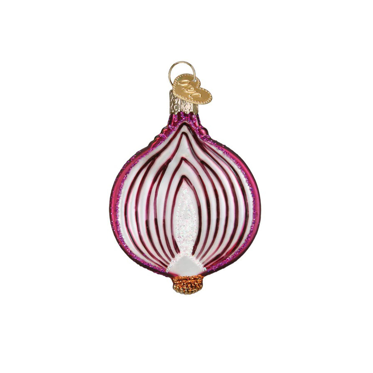 Decorative glass sliced red onion ornament on a white background