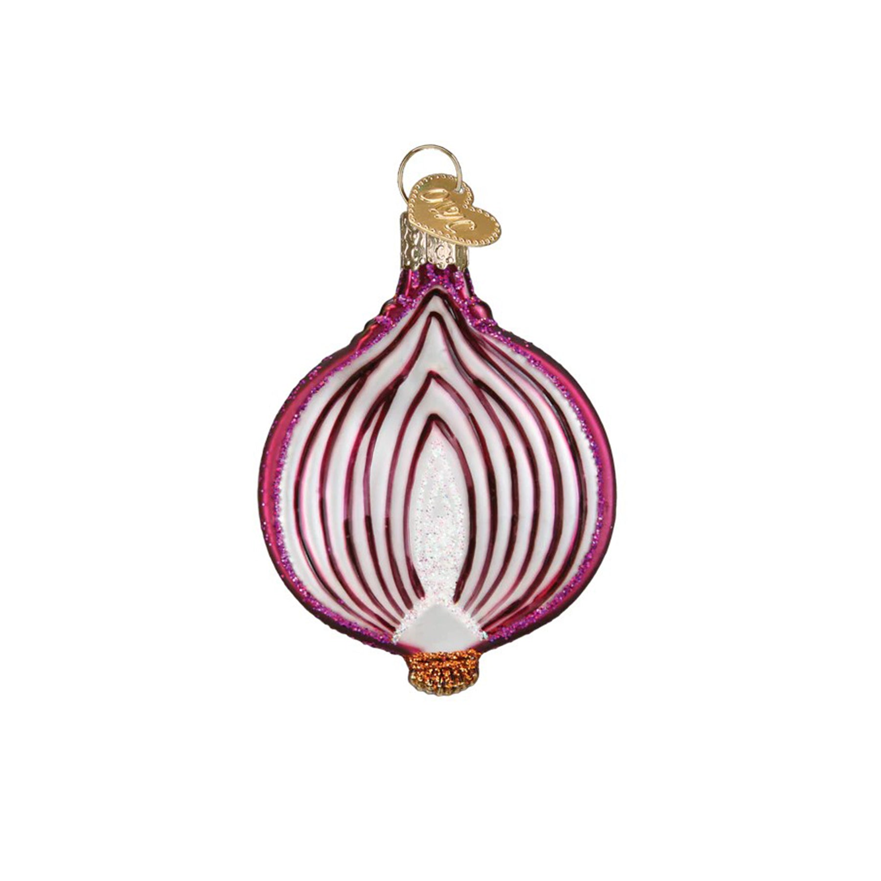 Decorative glass sliced red onion ornament on a white background