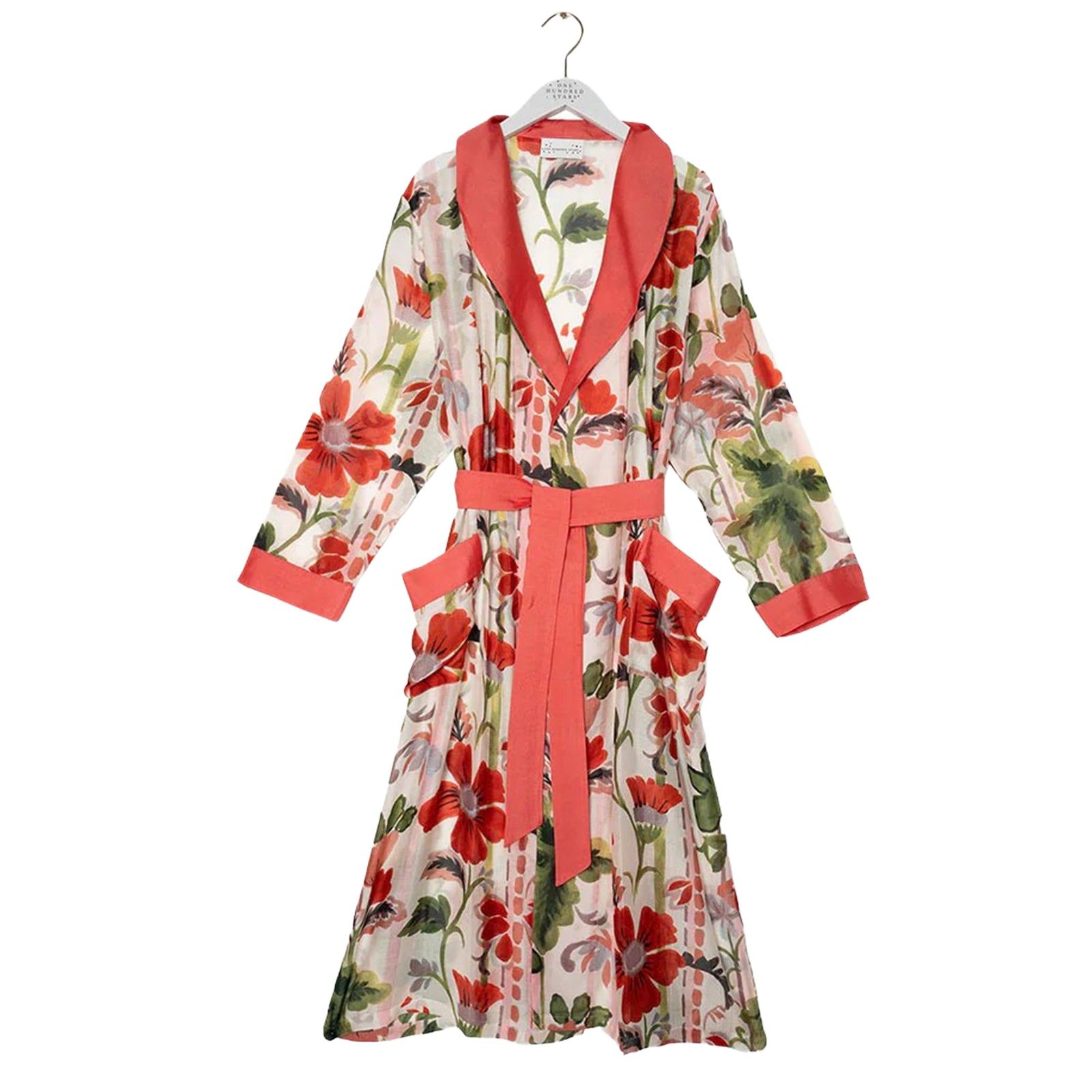 Floral robe with red accents on a white background