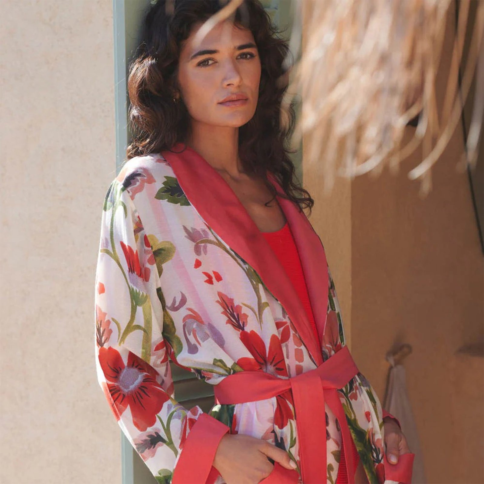 Floral robe with red accents on a white background